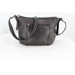 Tignanello Black Leather Shoulder Bag Double Zip Top Crossbody Purse Silver